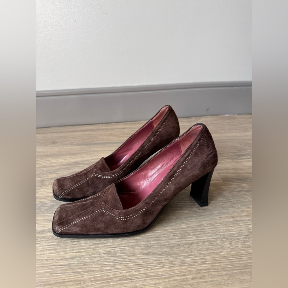 Y2K Marcello Barani chocolate brown suede heeled loafers made in Italy US 6